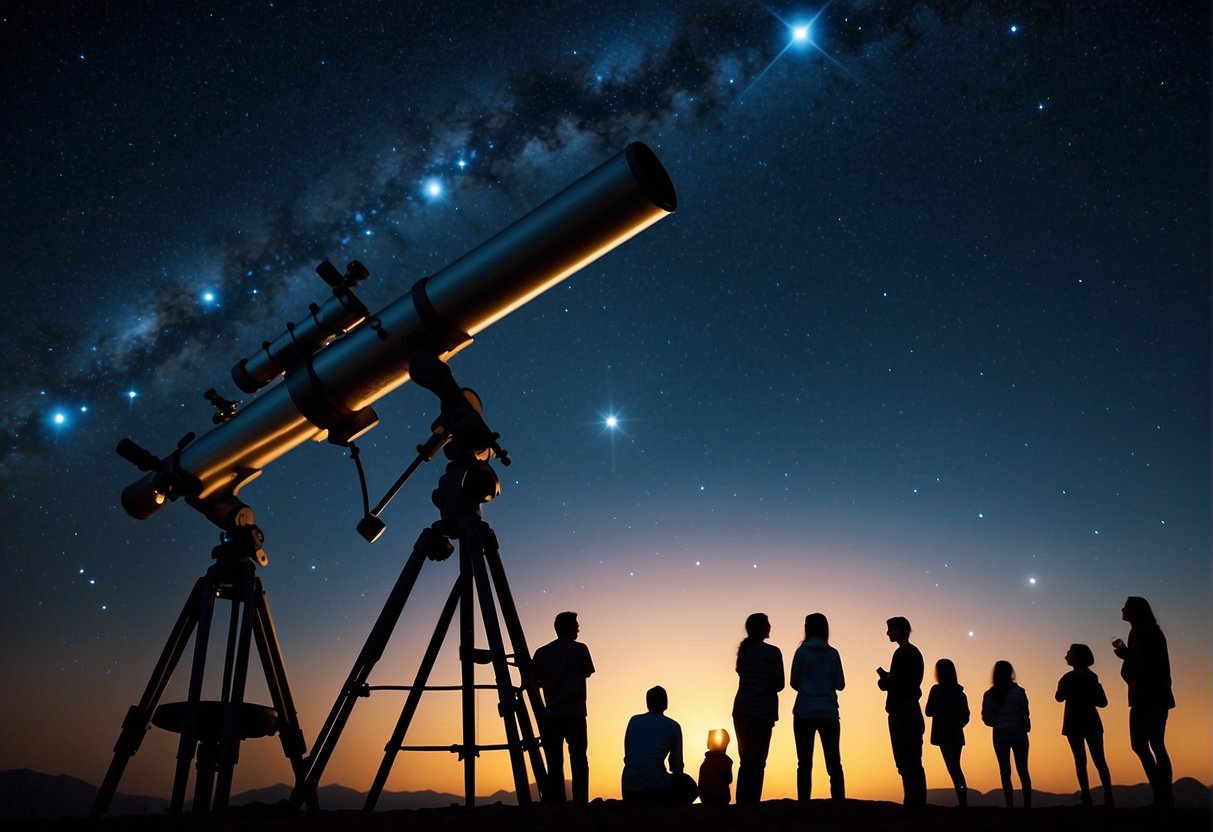 A telescope points towards the night sky, with planets and stars visible. A group of people watch in awe as a scientist explains the impact of CHEOPS on exoplanet hunting