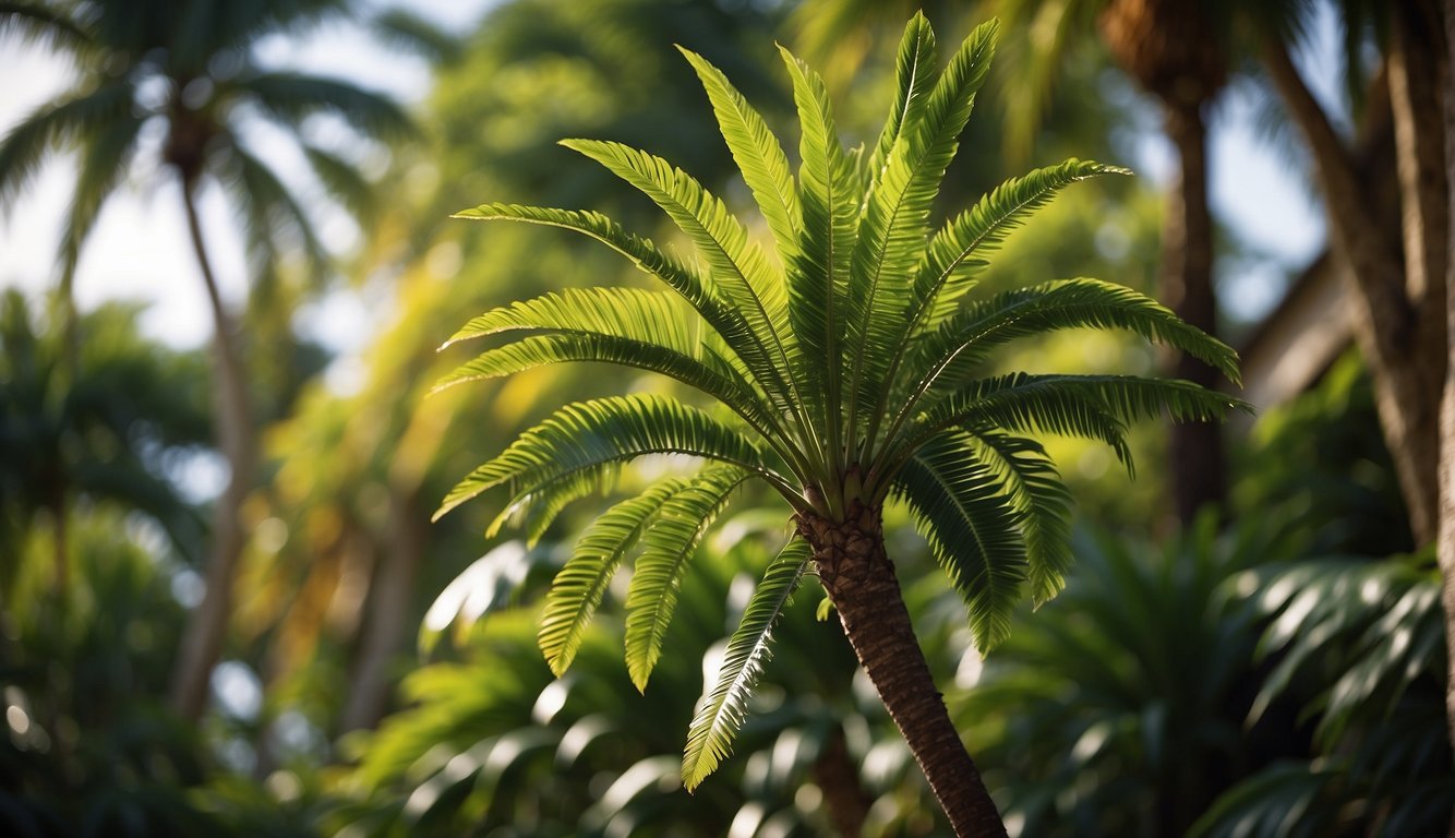 A young Caryota Mitis palm tree stands tall in a vibrant garden.

Its unique fishtail-shaped fronds sway gently in the breeze, showcasing its beauty and elegance