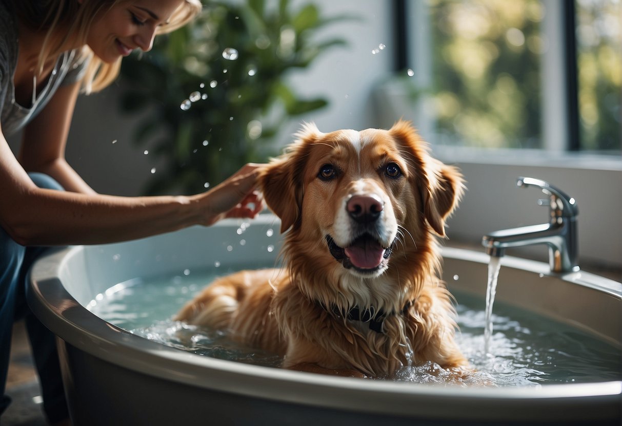 A person washing a dog with soap and water in a bathtub