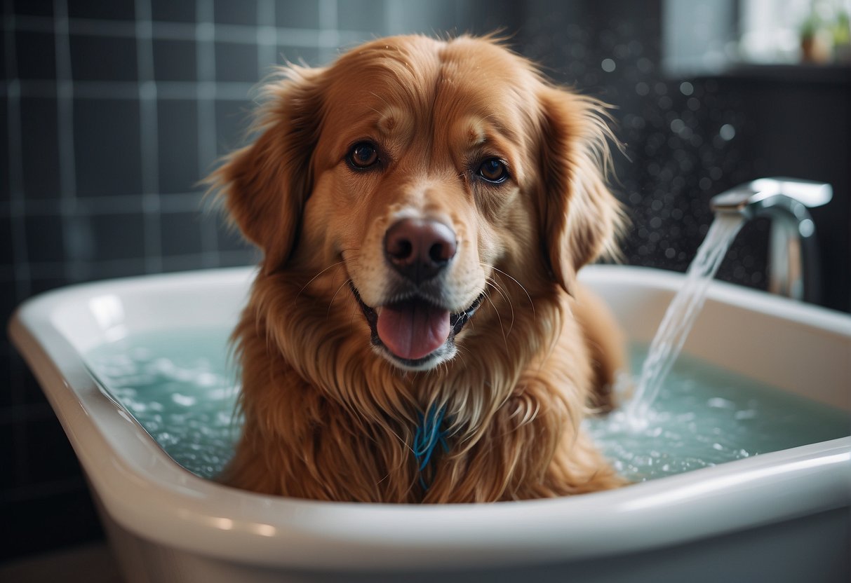 A dog being bathed with shampoo and a brush nearby