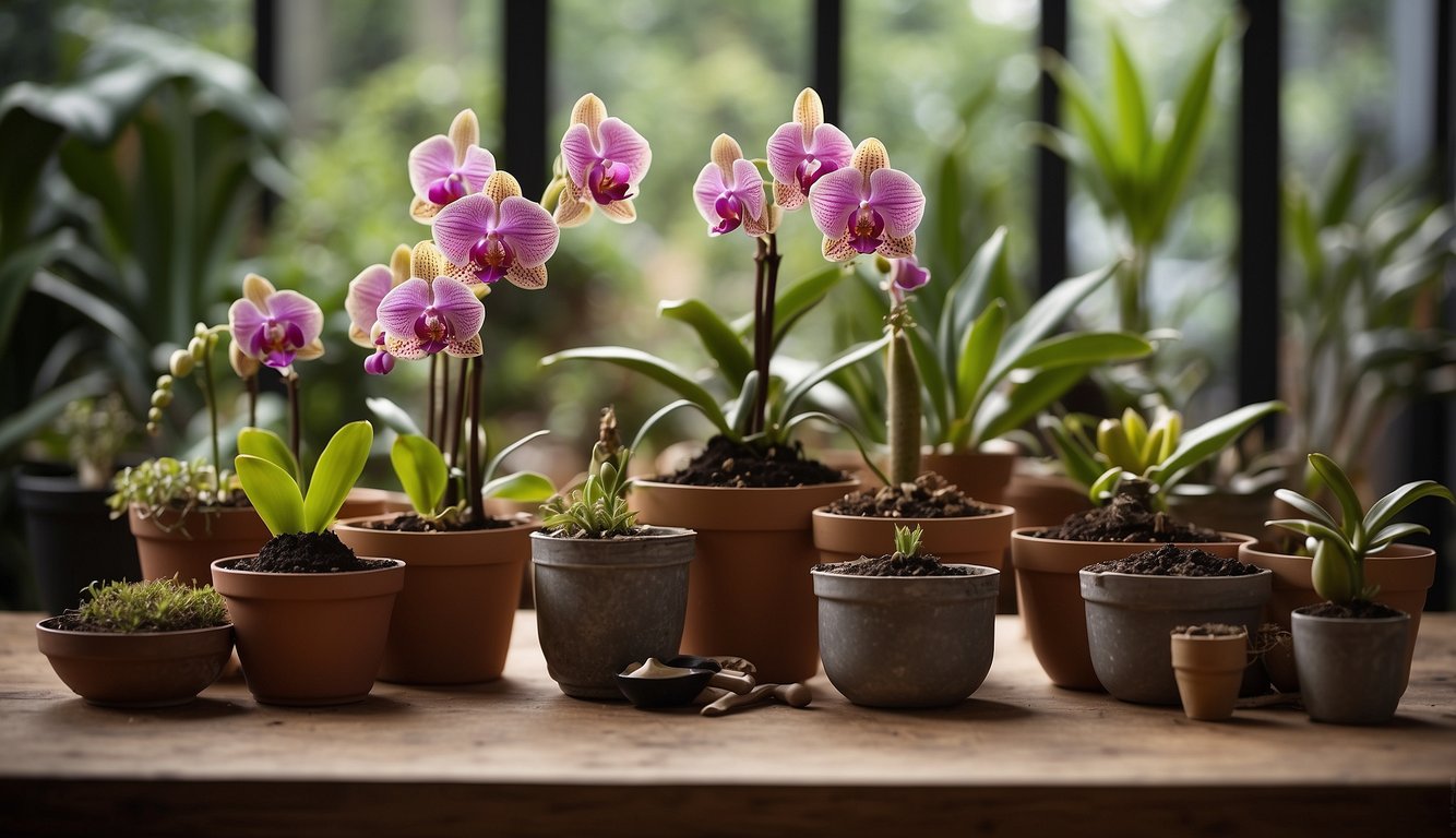 A table with various sized pots, potting mix, and a Catasetum Macrocarpum orchid.

A person's hand holds a small shovel, ready to repot the orchid