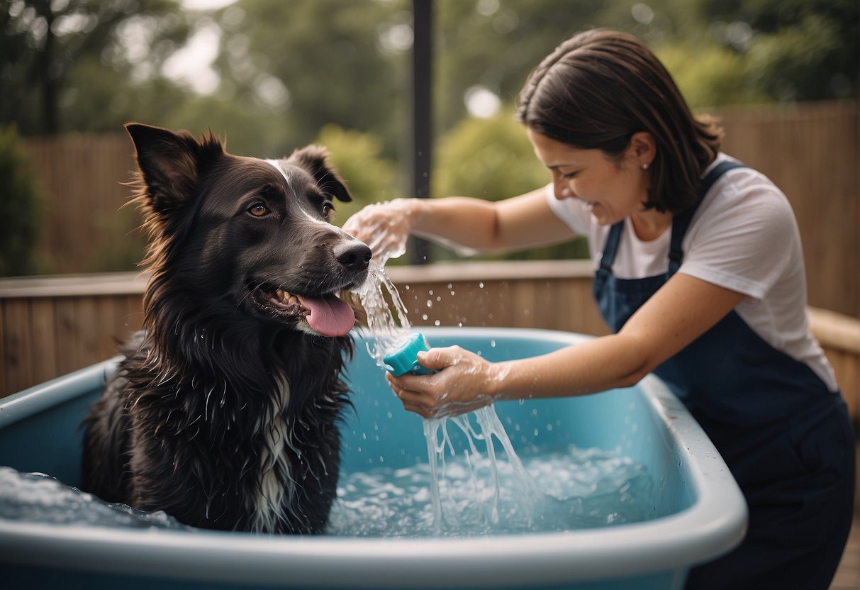 A dog being washed with shampoo and a brush by a person