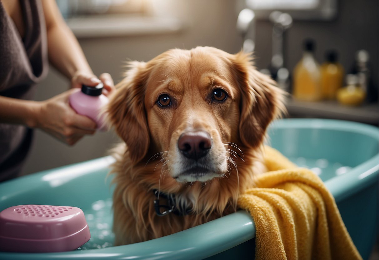 A dog being bathed with gentle shampoo by a person, surrounded by various dog grooming products and a towel