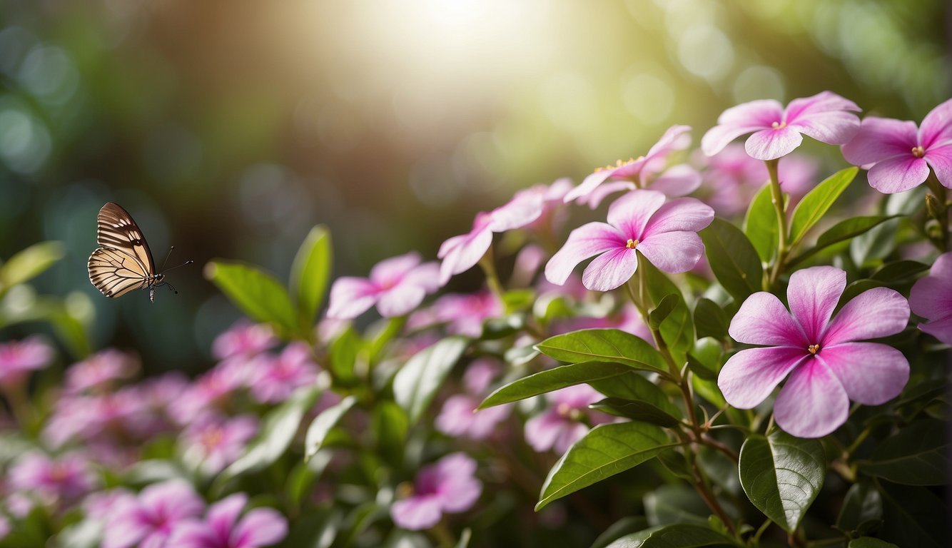 Madagascar periwinkle blooms in vibrant pink and white.

Lush green leaves surround the delicate flowers, while a butterfly hovers nearby