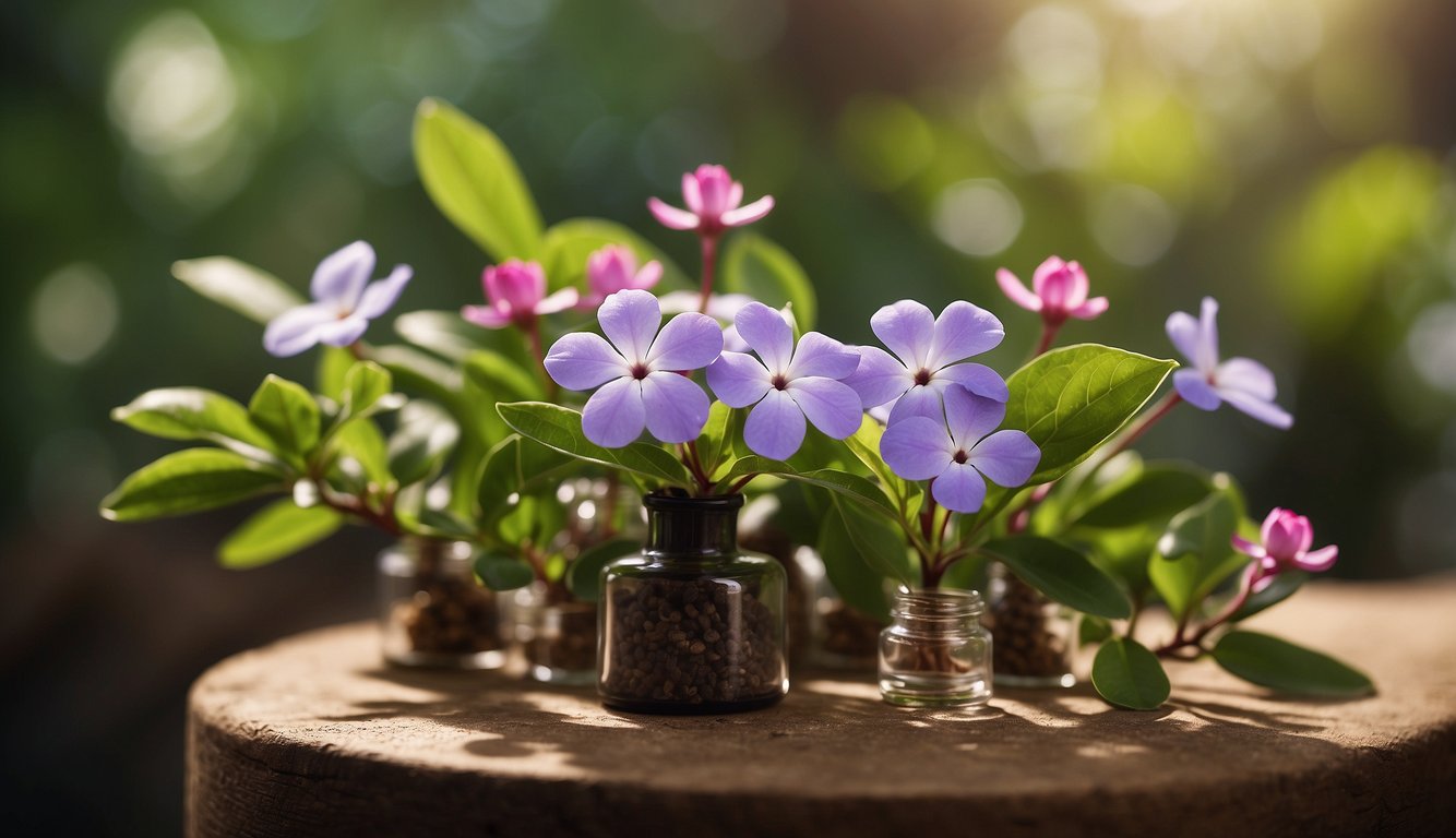 A vibrant Madagascar periwinkle plant with glossy green leaves and delicate pink flowers, surrounded by small vials and bottles labeled "Medicinal Properties."