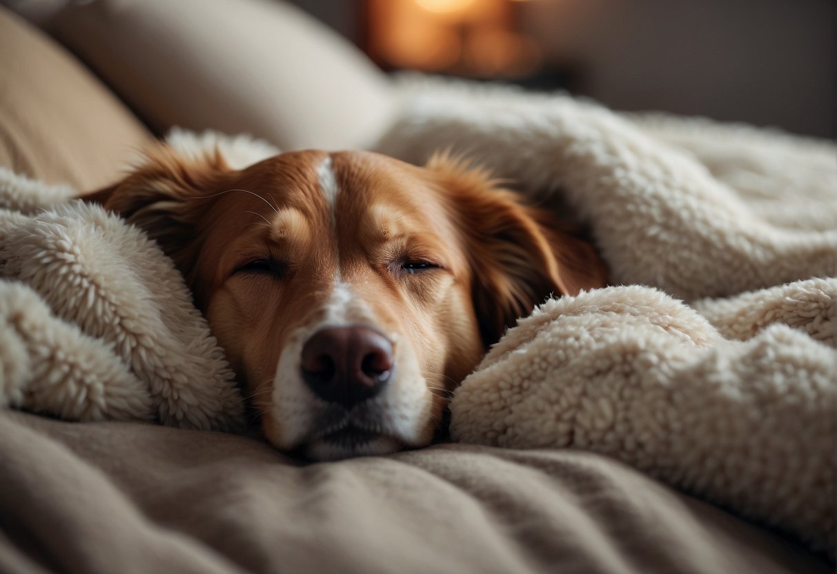 A dog sleeps peacefully on a cozy bed, surrounded by soft pillows and a warm blanket