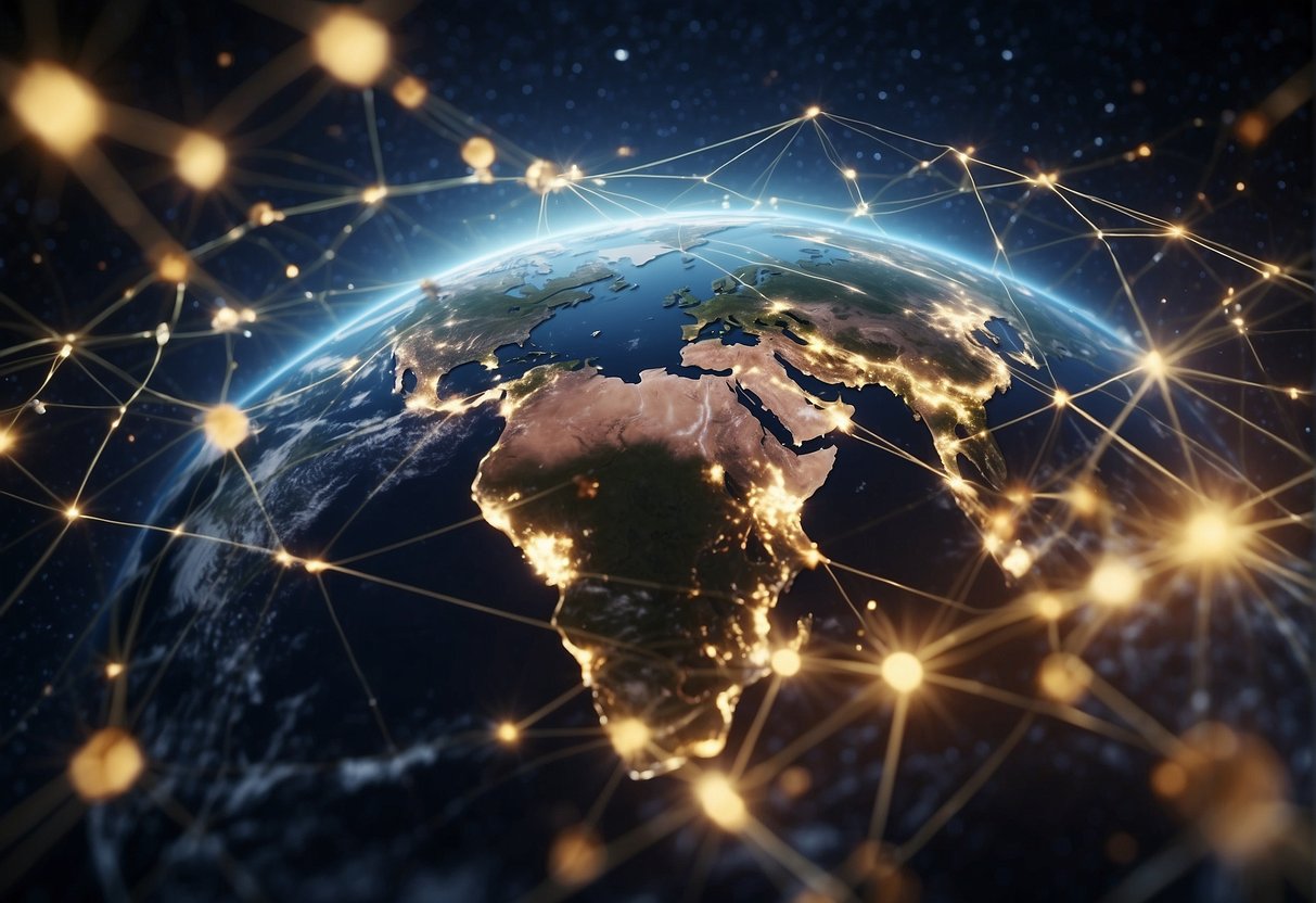 A network of satellites orbiting Earth, connecting remote regions to the internet. Regulatory and market dynamics shape the global coverage