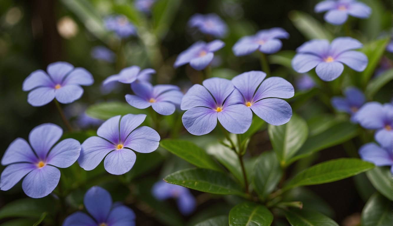 A vibrant Madagascar Periwinkle blooms in a lush tropical garden, surrounded by diverse plant life