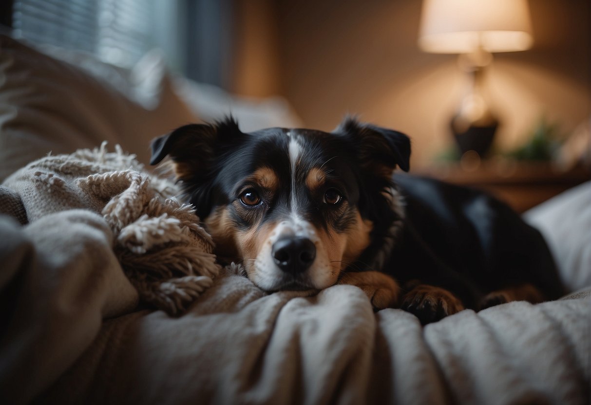 A dog peacefully sleeps in a cozy bed, surrounded by soft blankets and pillows. The room is dimly lit, creating a tranquil atmosphere for the sleeping canine