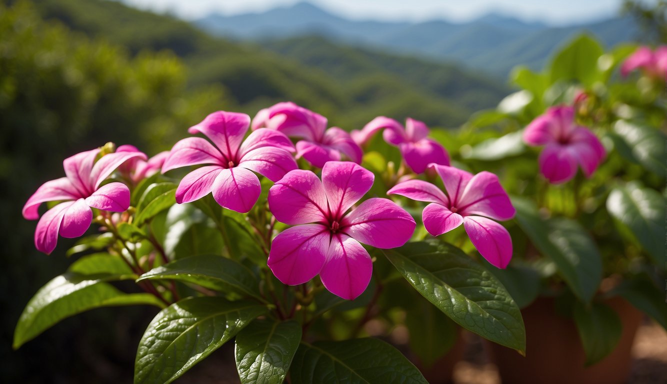 A vibrant cluster of Catharanthus roseus blooms with glossy green leaves, set against a backdrop of Madagascar's lush and colorful landscape
