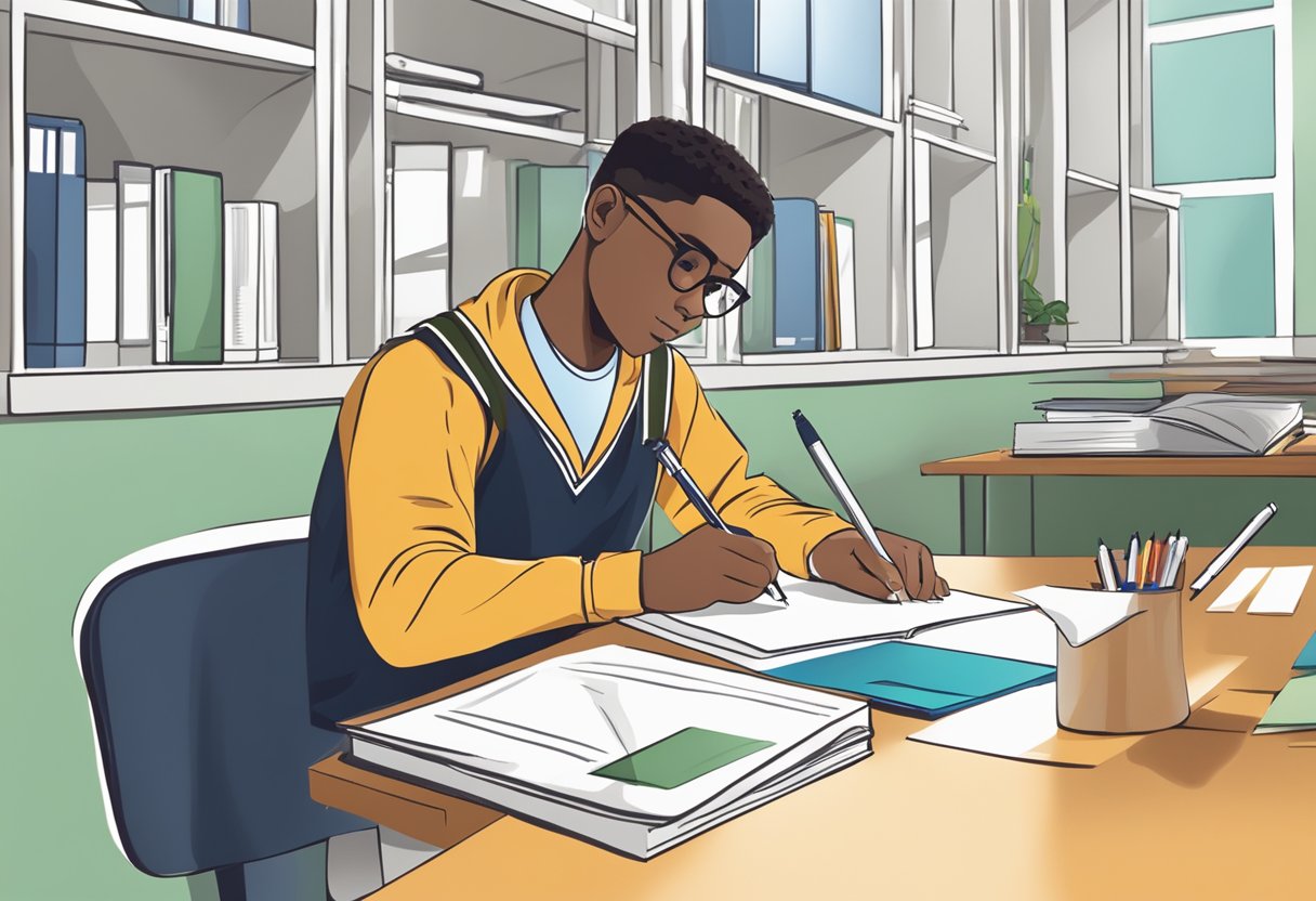 A student writing a school permission letter at a desk with a pen, paper, and school logo in the background