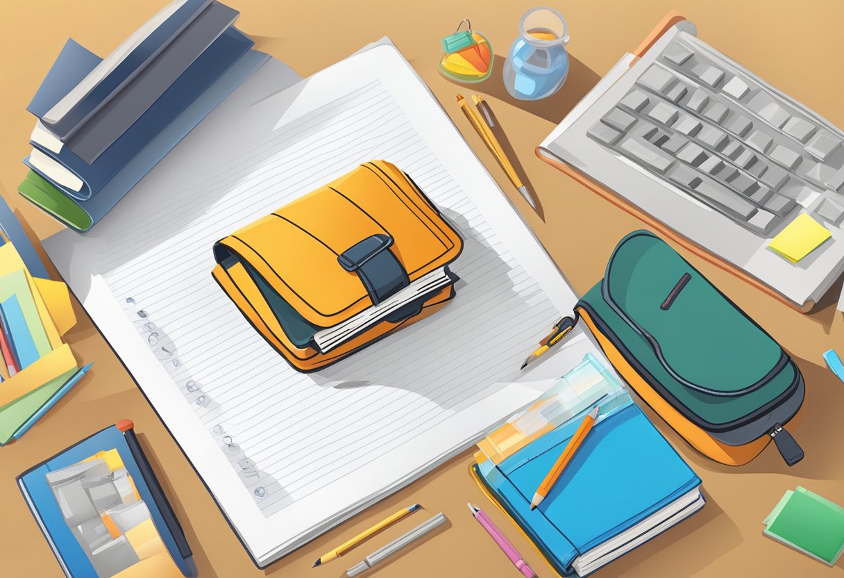 A school permission letter being written on a desk with a pen and paper, surrounded by school books and a school bag