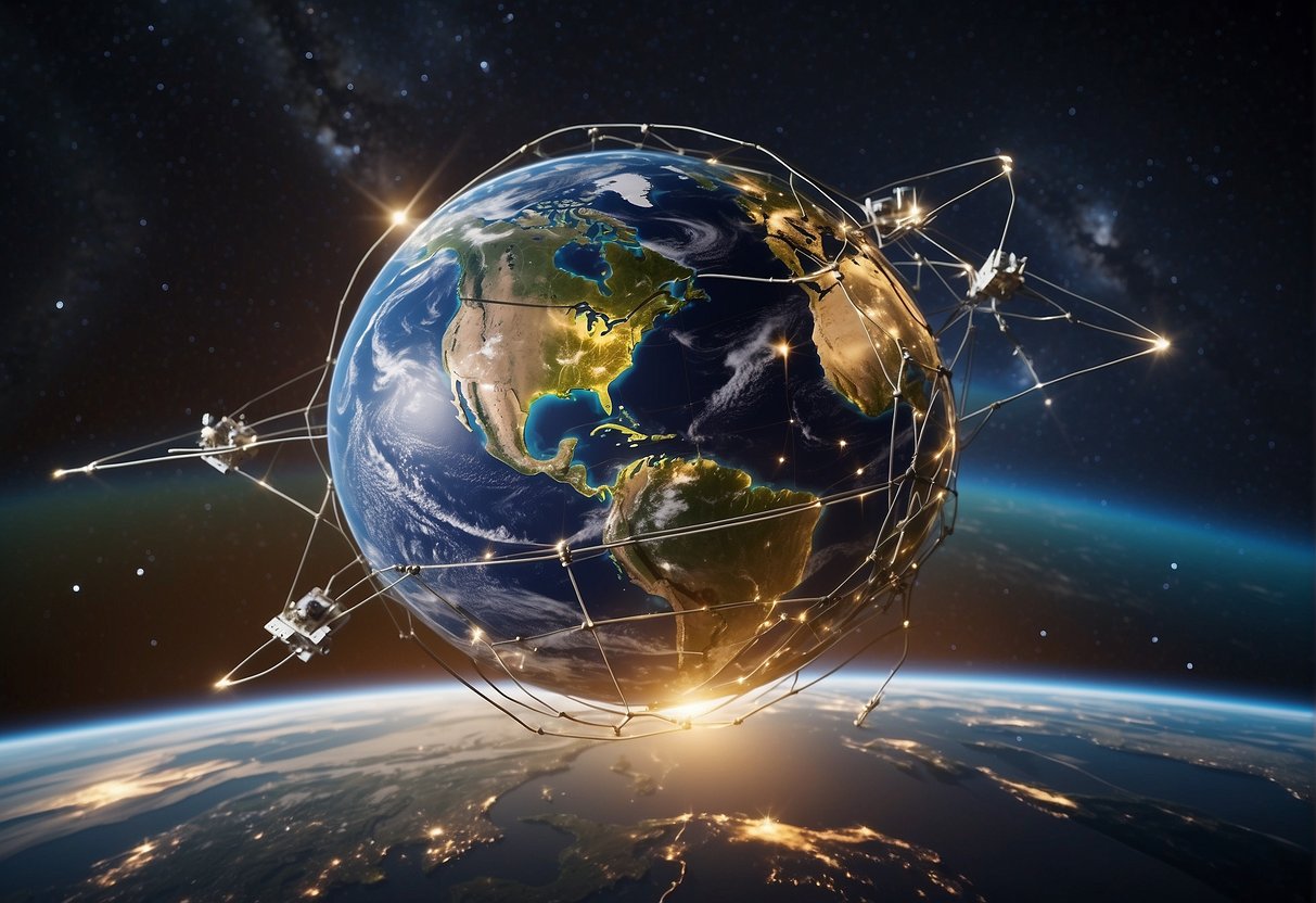 A network of satellites orbiting Earth, beaming internet coverage to every corner of the globe, with the Starlink logo prominently displayed