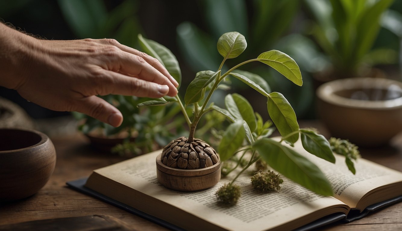 A hand reaches out to unlock a mysterious seed pod, surrounded by botanical tools and a guidebook titled "Unlocking the Mystery of Caucalis Platycarpos: Beginner’s Guide"