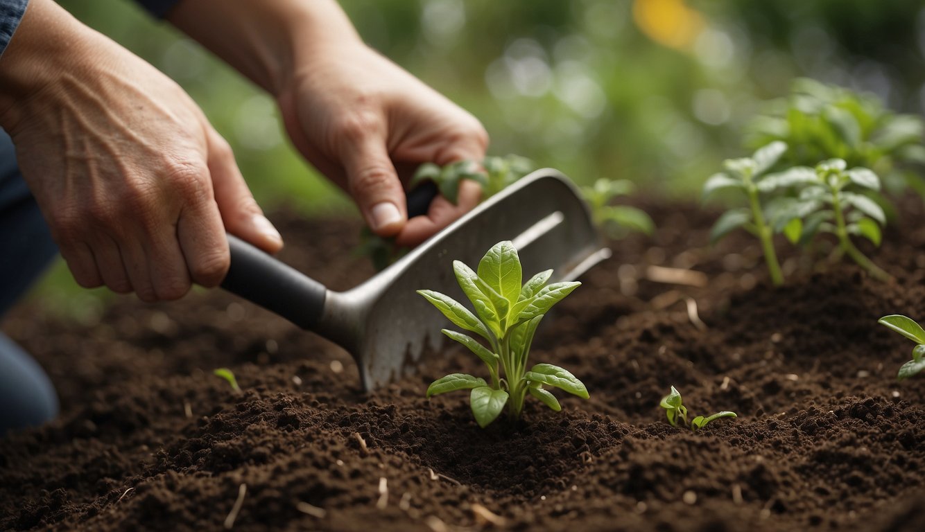 A hand holding a gardening tool digs into soil around a Caucalis Platycarpos plant.

A beginner's guide book lies open nearby, with tips and instructions for cultivating the mysterious plant