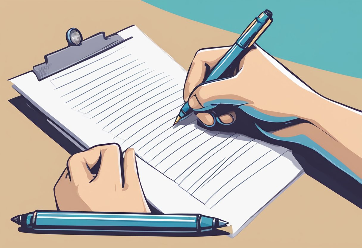 A hand holding a pen writing a bibliography list on a blank sheet of paper