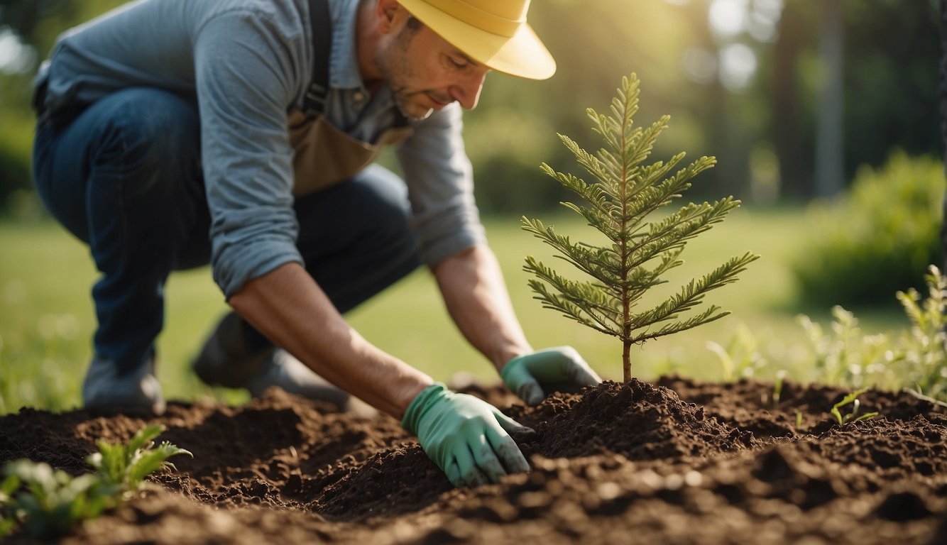A gardener digs a hole, carefully places a Cedrus Atlantica sapling, and waters it gently.

The sun shines overhead as the young tree takes root