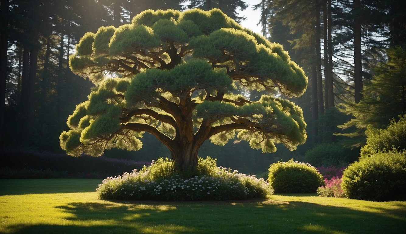 The majestic Cedrus Atlantica stands tall, with its evergreen needles glistening in the sunlight.

A gardener carefully prunes its branches, while a watering can sits nearby. The tree is surrounded by lush greenery and vibrant flowers, creating