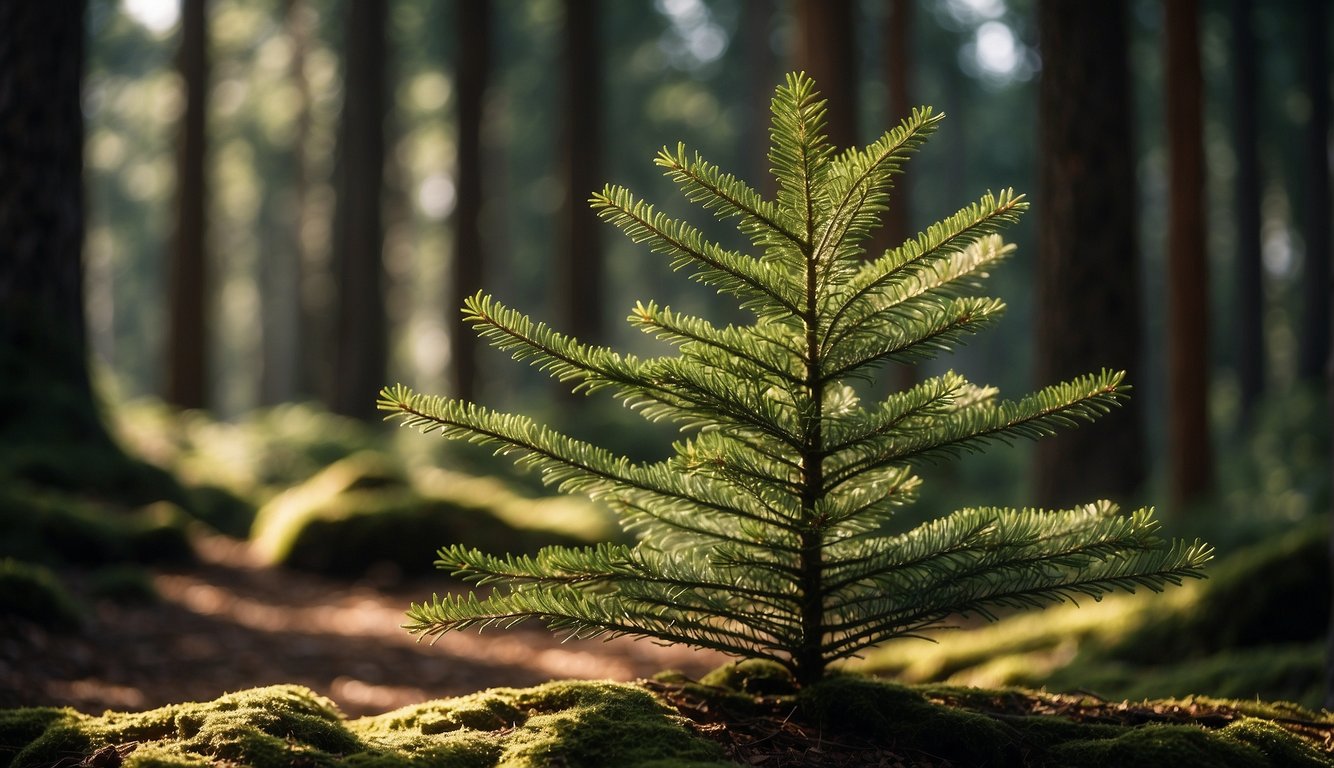 A majestic Cedrus Atlantica tree stands tall and proud, with its long, elegant branches and vibrant green needles.

The sunlight filters through the branches, casting a warm glow on the forest floor below