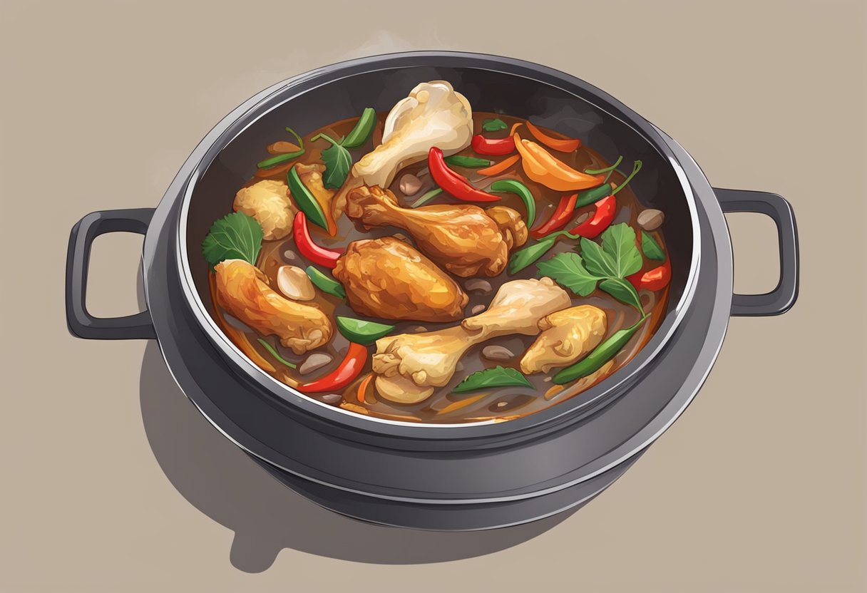 A pot simmers with chicken bones, chili, and spices for making seblak tulang ayam