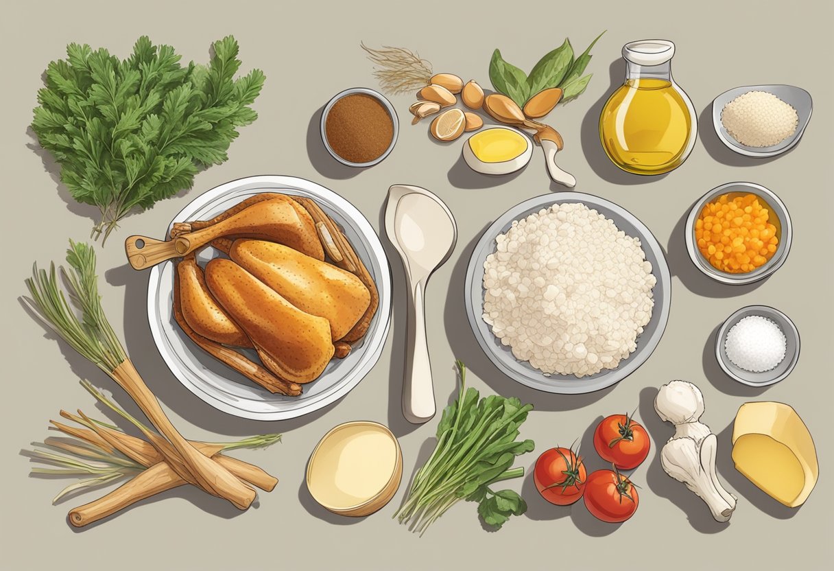 Ingredients and utensils laid out for making chicken bone seblak