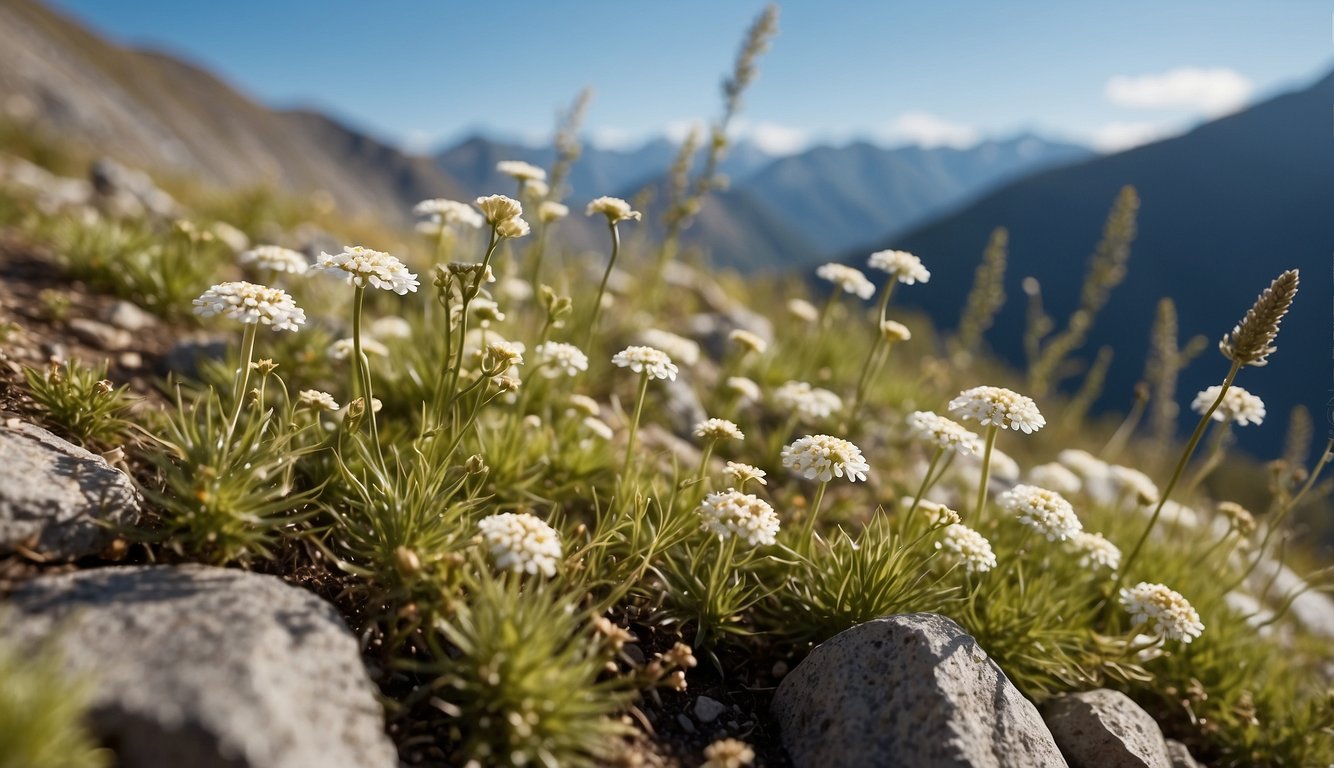 A sunny mountain slope with rocky soil, dotted with clusters of Celmisia Sessiliflora in various stages of growth, surrounded by alpine flora and a clear blue sky above