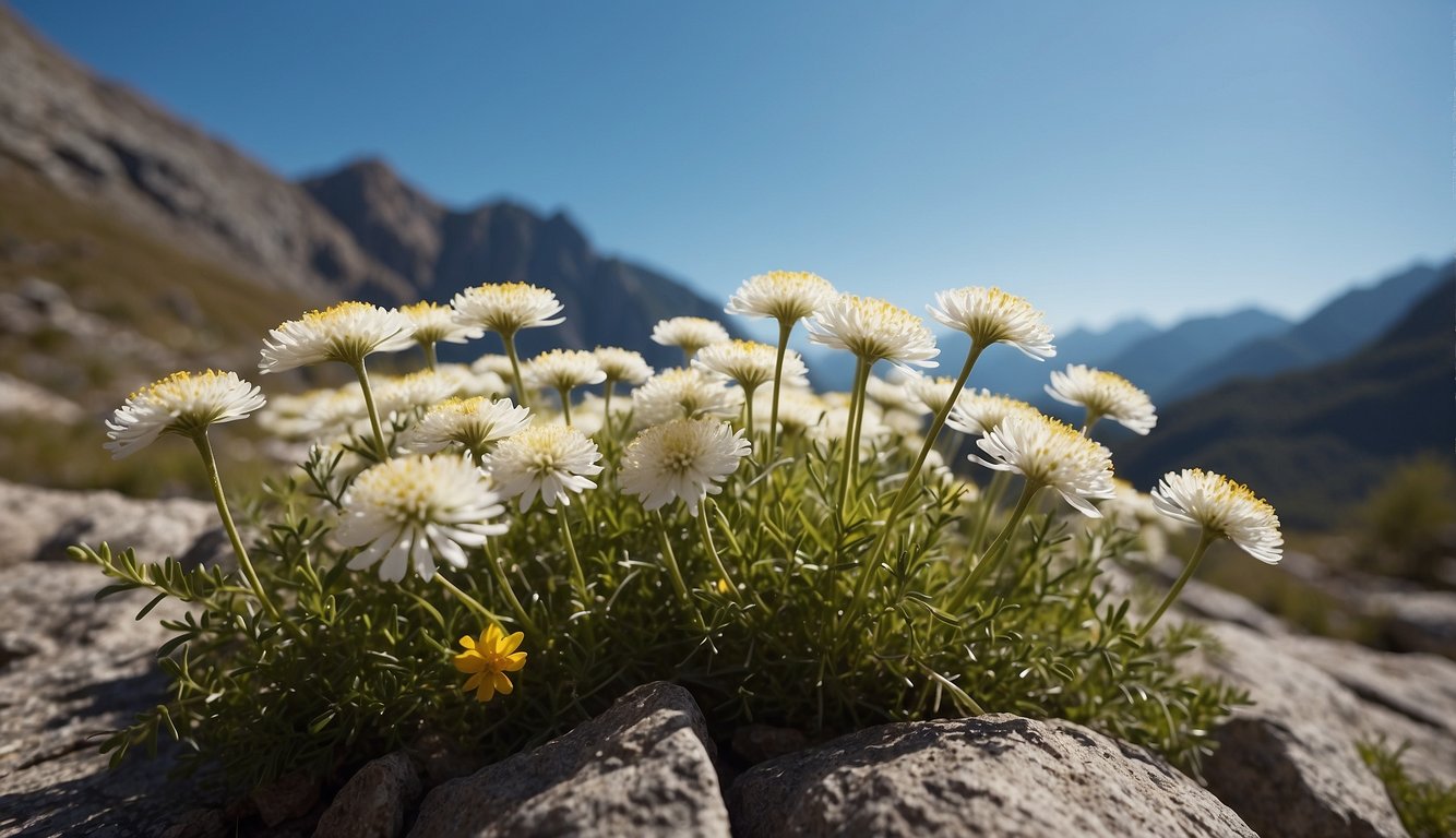 A bright mountain landscape with Celmisia Sessiliflora in bloom, surrounded by rocky terrain and a clear blue sky