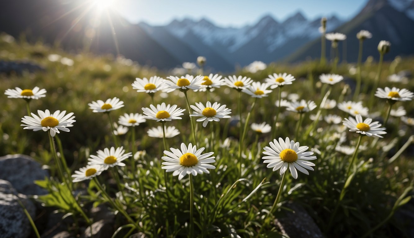 Celmisia Sessiliflora in a rocky alpine meadow, surrounded by snow-capped peaks.

Bright sunlight illuminates the delicate white daisy-like flowers and silver-green foliage