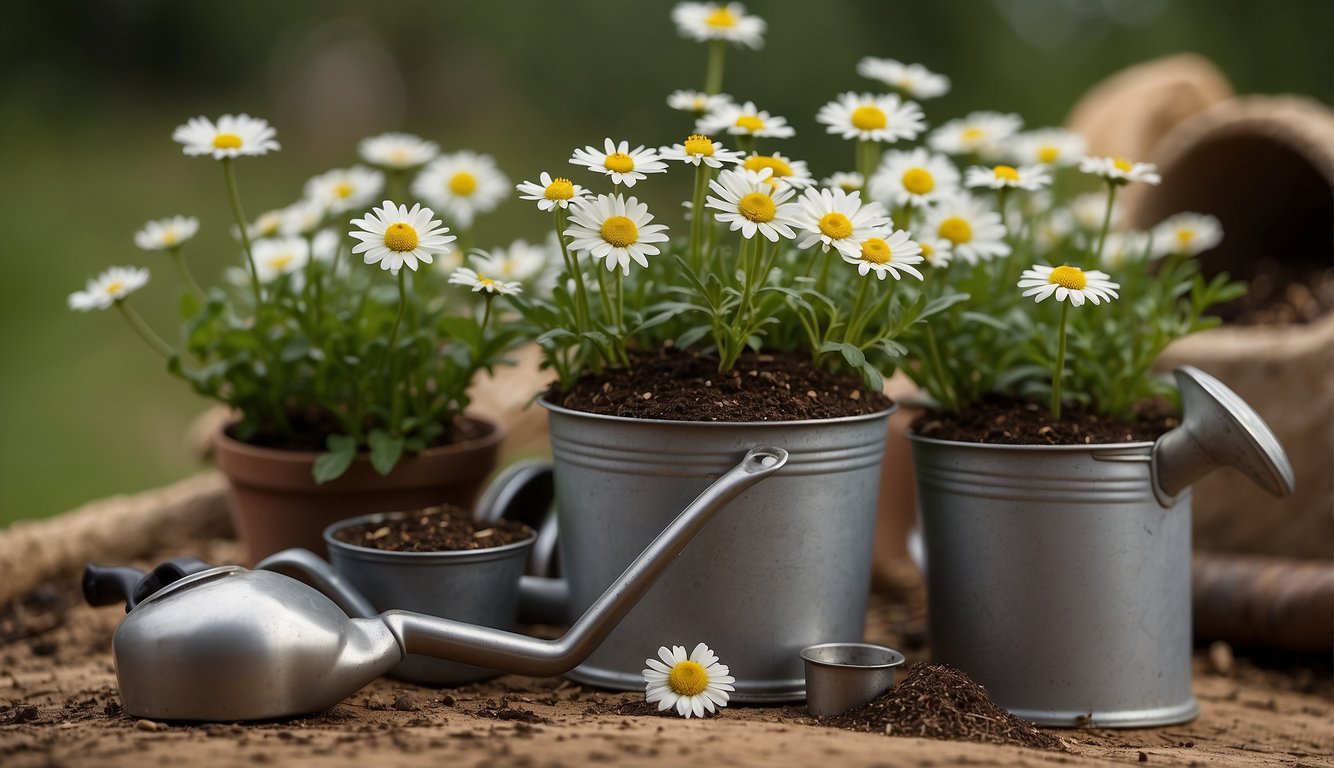 Celmisia sessiliflora seedlings in small pots, surrounded by gardening tools, a watering can, and a beginner's guide book on mountain daisies