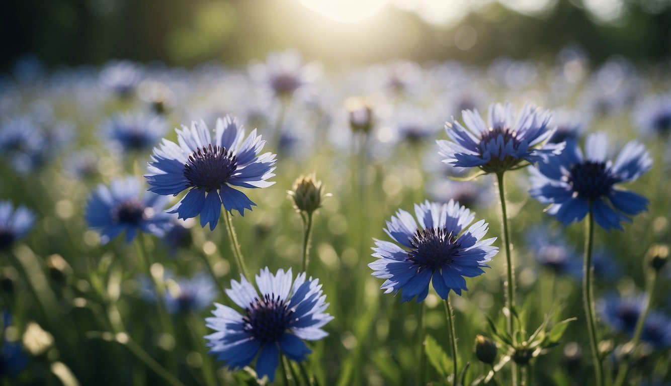 A field of vibrant blue cornflowers swaying in the gentle breeze, surrounded by lush greenery and bathed in soft sunlight