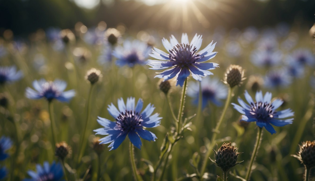 A field of vibrant blue cornflowers sways in the breeze, their delicate petals catching the sunlight.

Bees buzz around the flowers, collecting nectar from the center of each bloom