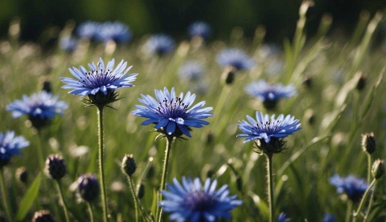 A field of vibrant blue cornflowers swaying in the breeze, surrounded by lush green foliage and small insects buzzing around