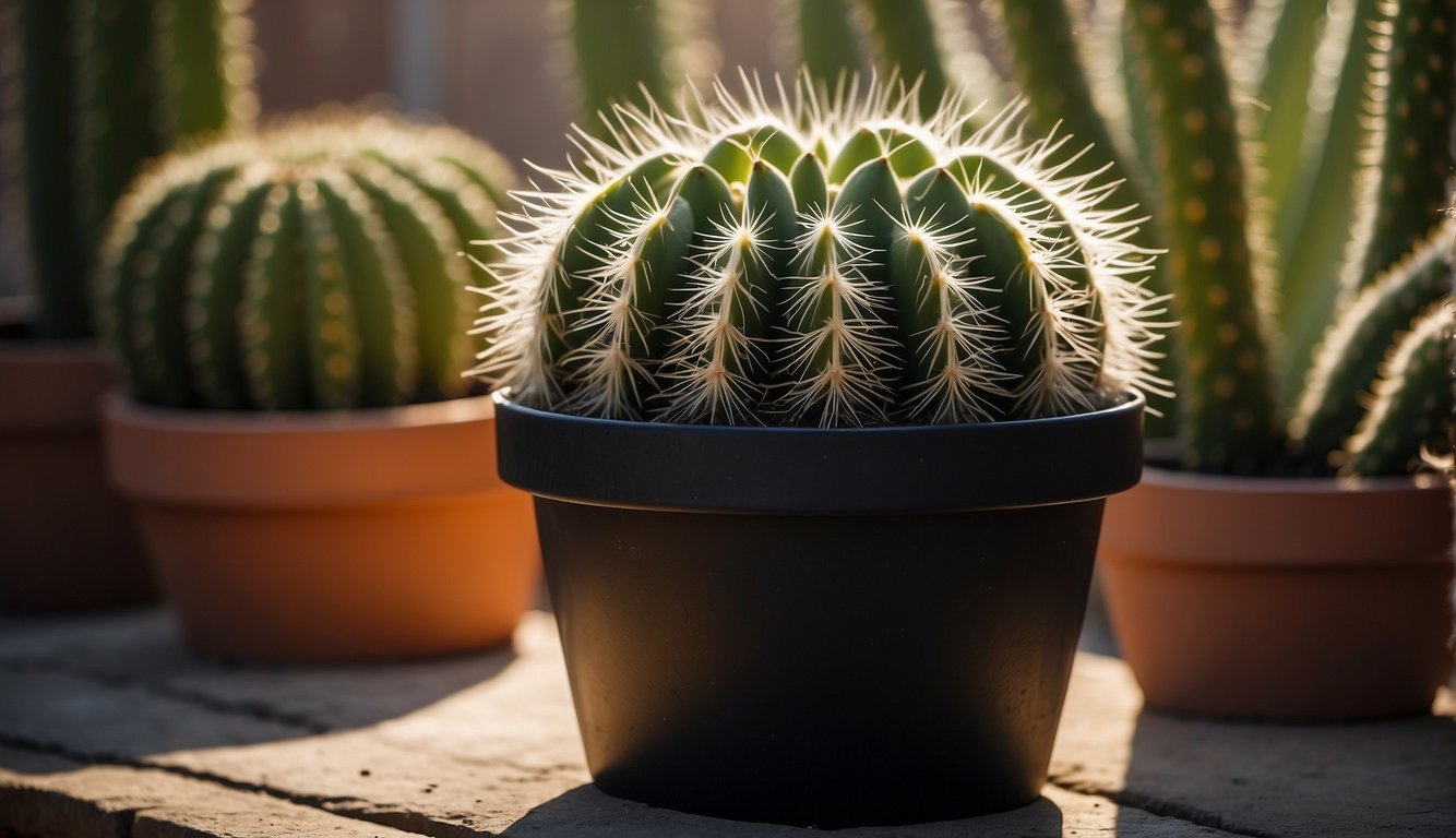A Cephalocereus Senilis cactus stands tall in a well-drained pot, placed in a sunny spot with minimal water and occasional misting.

Surrounding the cactus are organic pest control products and a magnifying glass for