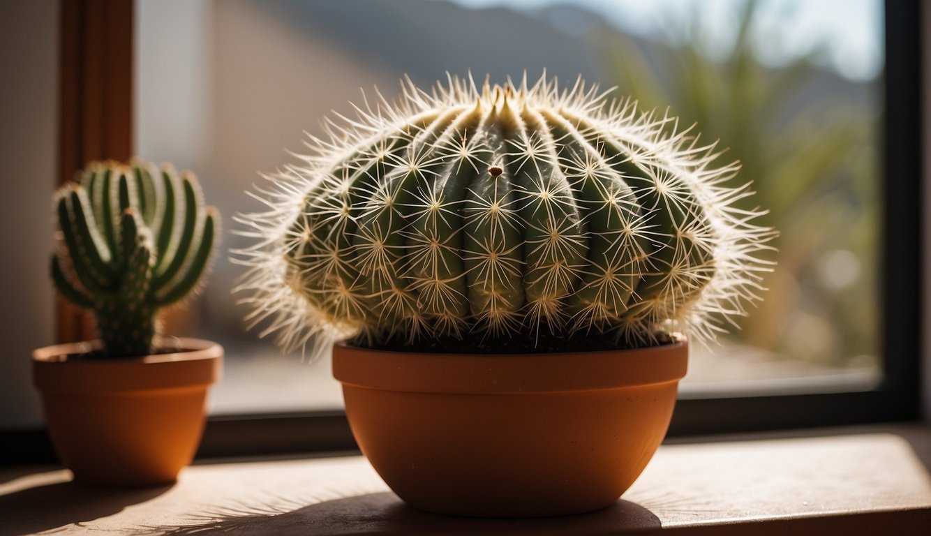 A Cephalocereus Senilis cactus sits in a terracotta pot on a sunny windowsill.

It is surrounded by well-draining soil and receives indirect sunlight. The cactus is tall and covered in long, white hairs