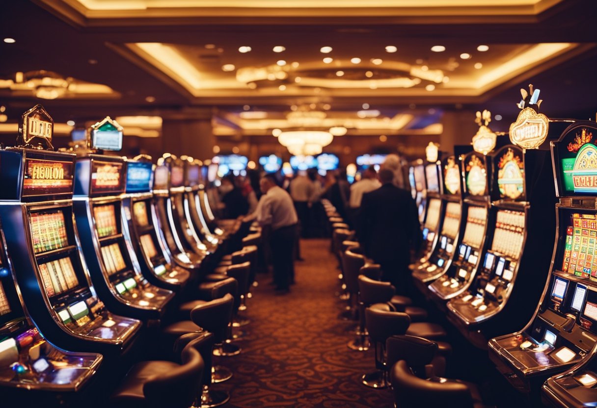 Brightly lit casino with rows of slot machines and card tables. People laughing and chatting, while others focus intently on their games. Cashlib logo prominently displayed