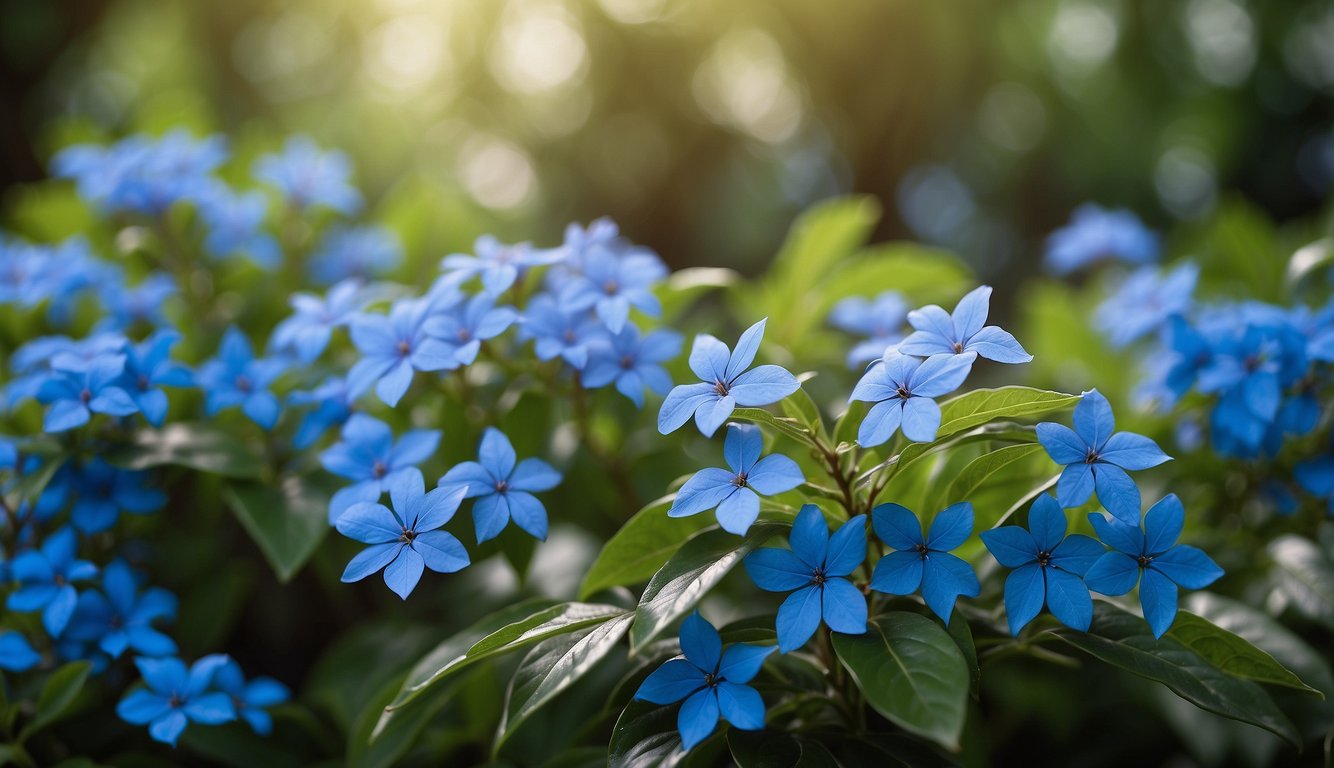 A lush garden bed with vibrant blue Plumbago flowers surrounded by green foliage