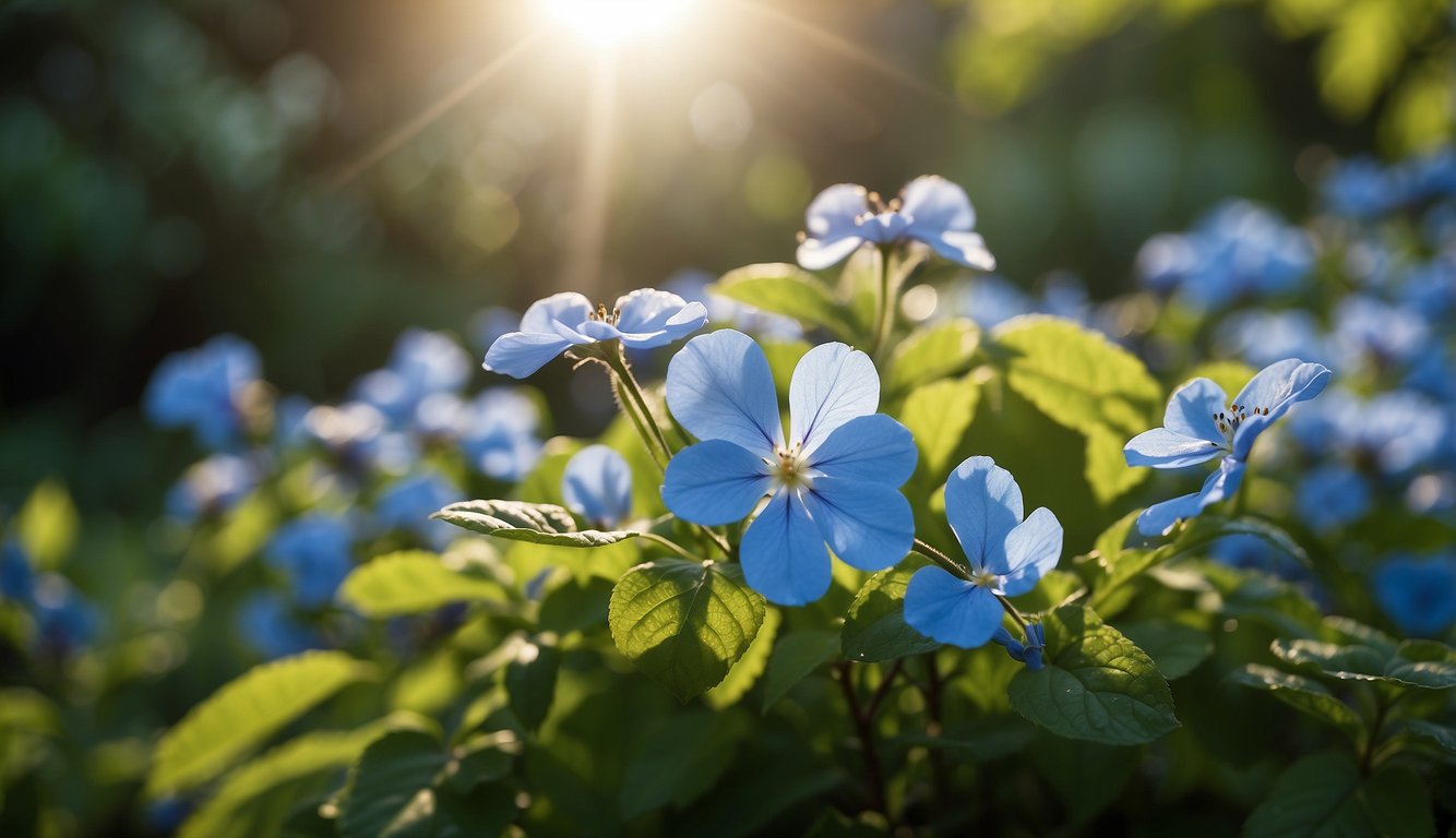A lush garden bed with vibrant blue Ceratostigma Plumbaginoides flowers surrounded by green foliage and a soft, warm sunlight filtering through the leaves