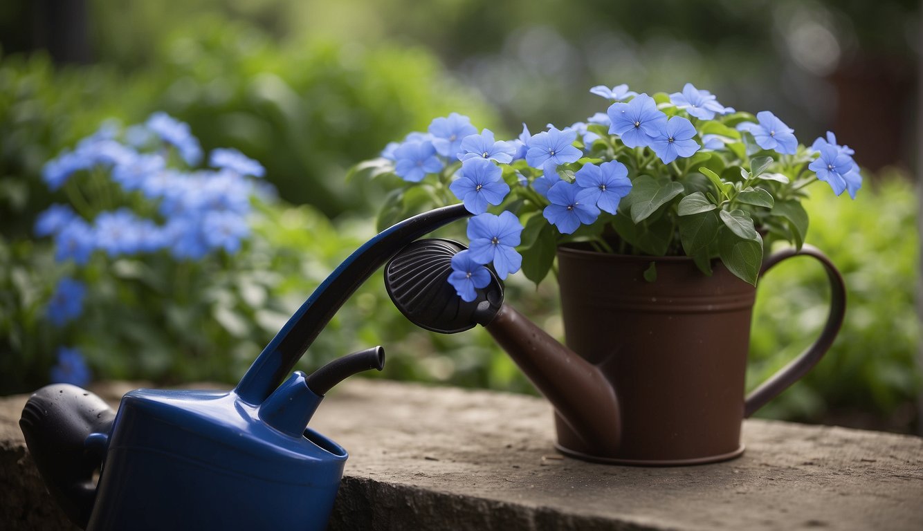 A pair of gardening gloves gently prune the vibrant blue flowers of a Ceratostigma Plumbaginoides plant, while a watering can sits nearby, ready to nourish the lush green foliage