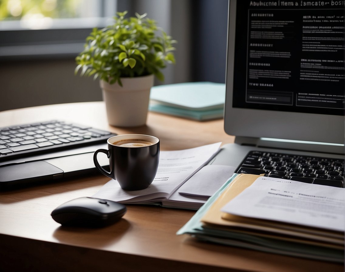 A desk with a computer, stack of resumes, and a "Identifisering av Kandidater" book open to a page on IT recruitment