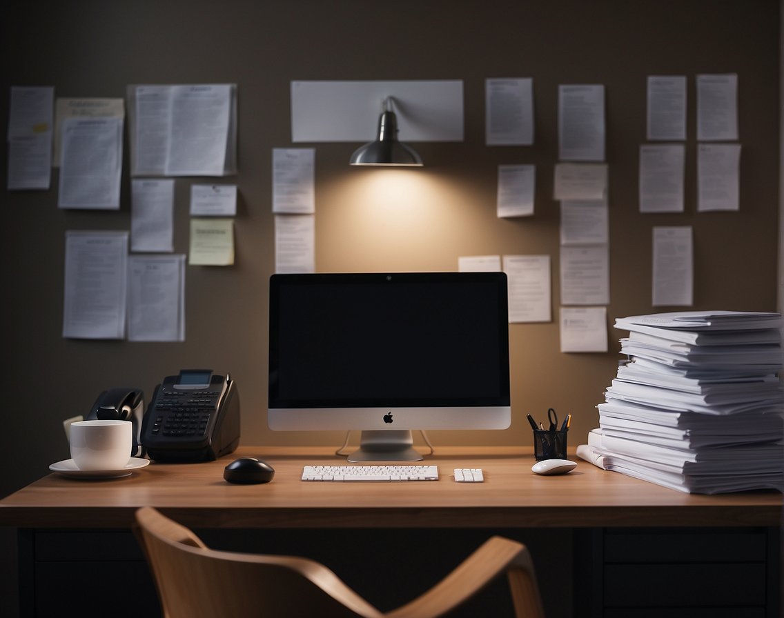 A desk with a computer, job postings on a wall, and a stack of resumes. A person conducting interviews and another person taking notes