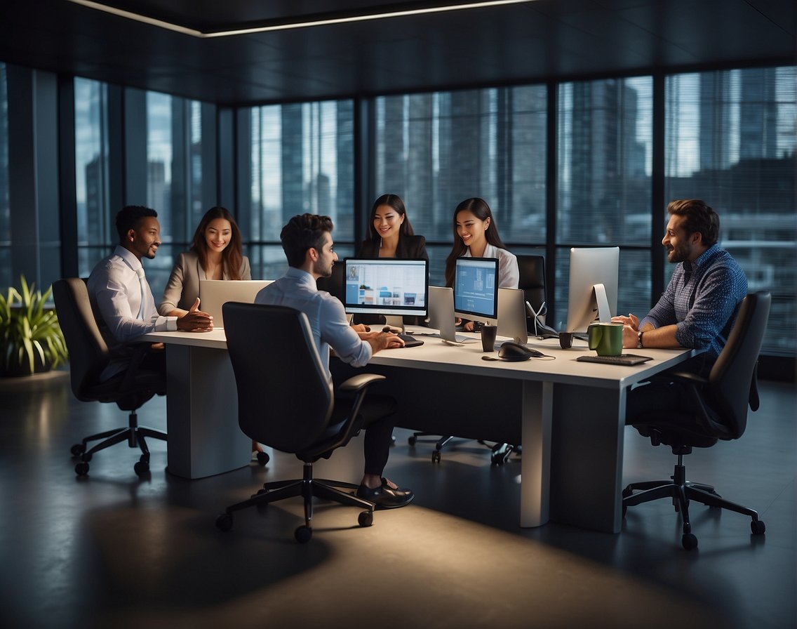 A team of diverse individuals collaborates in a modern office setting, surrounded by cutting-edge technology and vibrant, dynamic energy