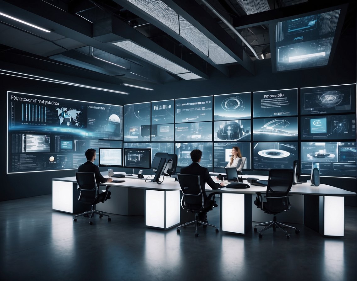 A futuristic office setting with digital screens displaying the top 10 skills sought by companies in 2024. Various employees are engaged in collaborative work and utilizing advanced technology