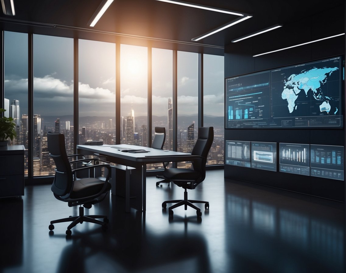 A futuristic office setting with AI technology and digital interfaces. Charts and graphs display the top 10 competencies in demand for 2024