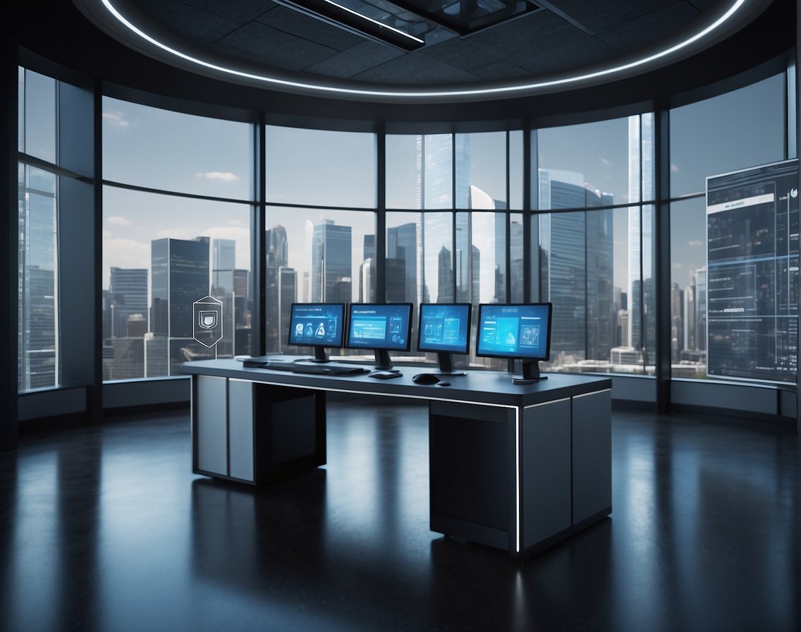 A futuristic office setting with digital security systems and data privacy icons displayed on screens and walls