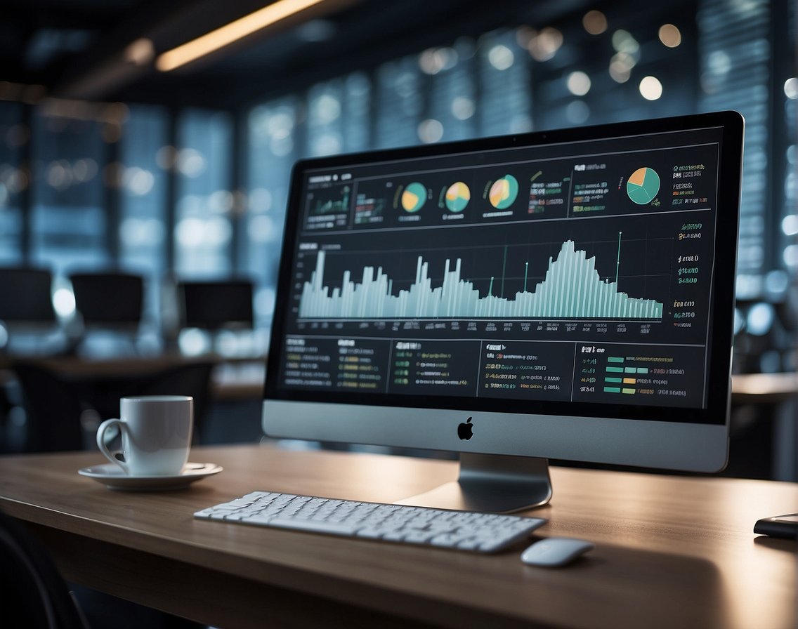 A business setting with data analysis tools, charts, and graphs displayed on screens. A list of top 10 competencies for 2024 is visible on a presentation board