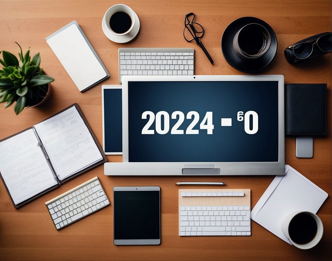 A top 10 list of competencies for 2024 business leaders, surrounded by modern office equipment and technology