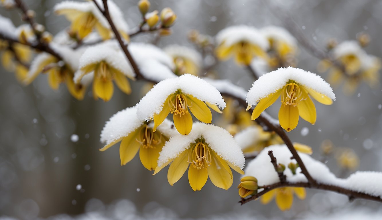 Chimonanthus Praecox blooms in a snowy garden.

Its delicate yellow flowers contrast against the white backdrop, adding a touch of warmth to the winter landscape