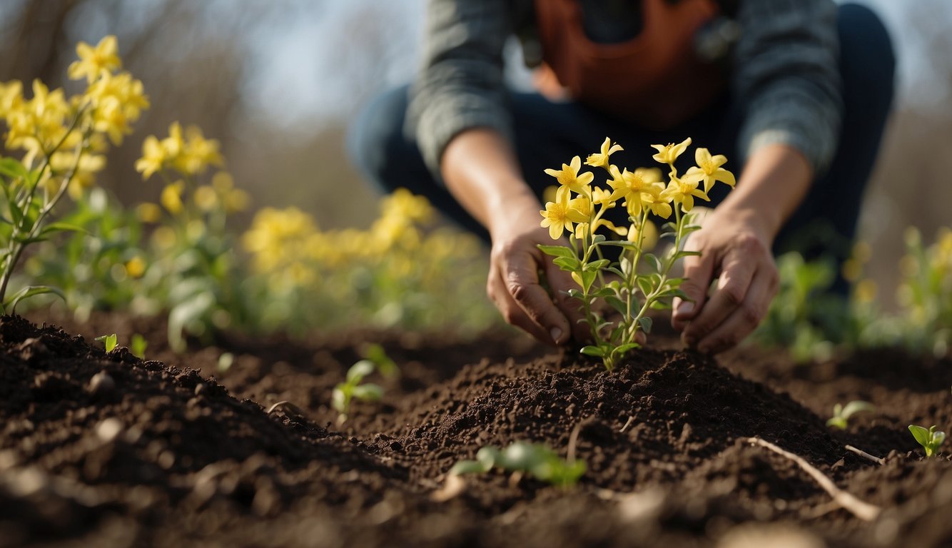 A gardener plants chimonanthus praecox in well-drained soil.

They water the plant and provide mulch for insulation