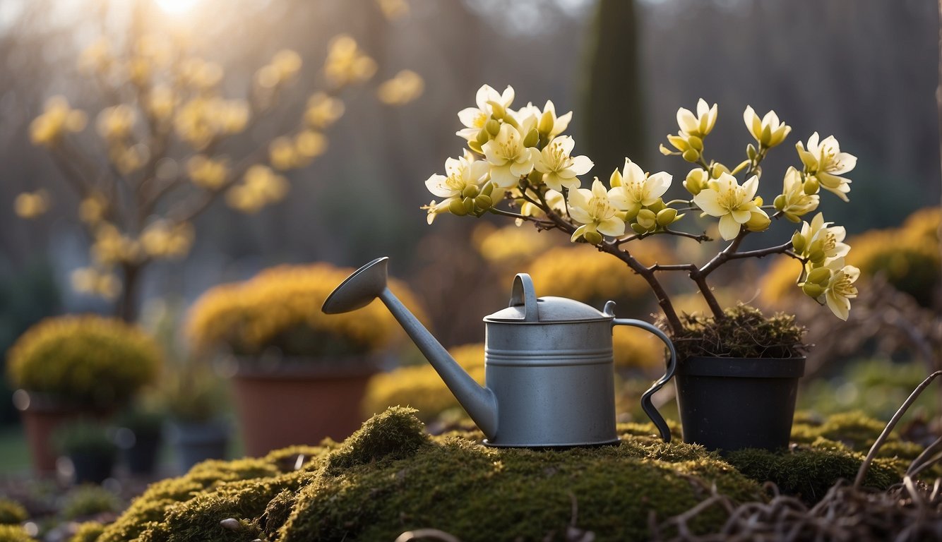 Chimonanthus Praecox being tended to in a winter garden, with pruning shears and a watering can nearby
