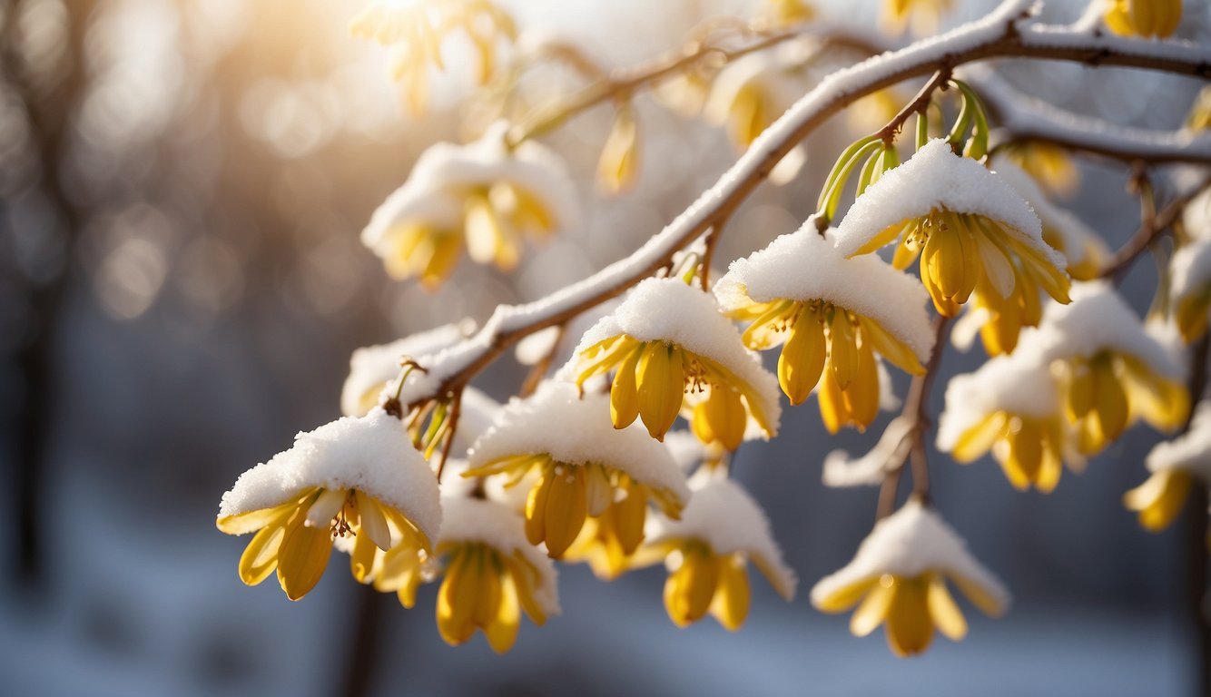 A Chimonanthus Praecox plant surrounded by snow, with a warm winter sun shining down on its delicate yellow blooms